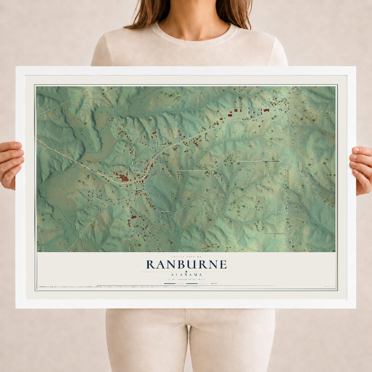 Map of Ranburne, Alabama, 18 x 24 inch print in a white wood frame