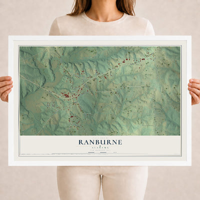 Map of Ranburne, Alabama, 18 x 24 inch print in a white wood frame
