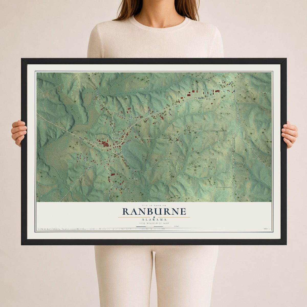 Map of Ranburne, Alabama, 24 x 36 inch print in a black wood frame