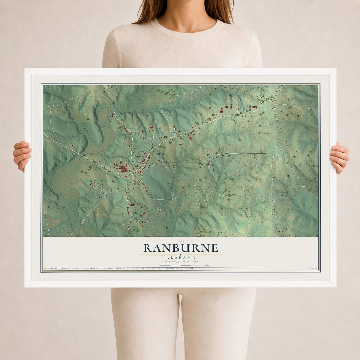 Map of Ranburne, Alabama, 24 x 36 inch print in a white wood frame