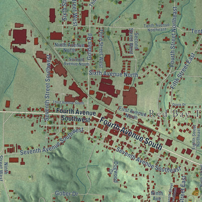 Close-up of the map of Red Bay, Alabama print showing street and building detail