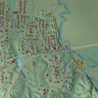 Second close-up of the map of Red Bay, Alabama print showing more streets and buildings