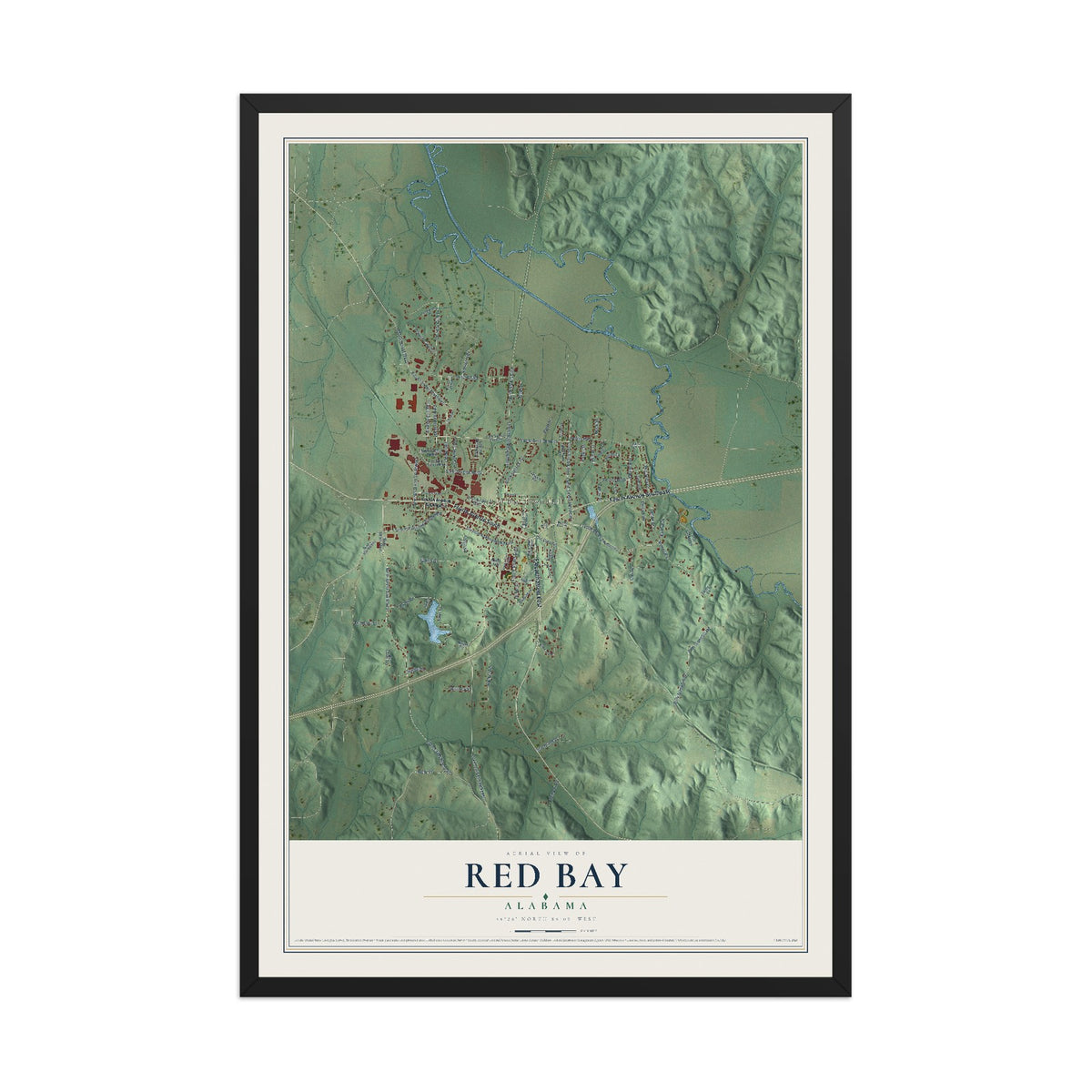 Map of Red Bay, Alabama, 12 x 18 inch print in a black wood frame