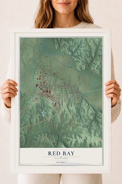 Map of Red Bay, Alabama, 18 x 24 inch print in a white wood frame