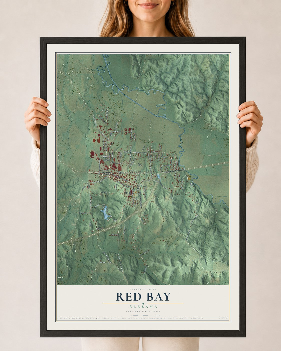 Map of Red Bay, Alabama, 24 x 36 inch print in a black wood frame