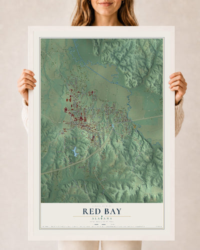 Map of Red Bay, Alabama, 24 x 36 inch print in a white wood frame