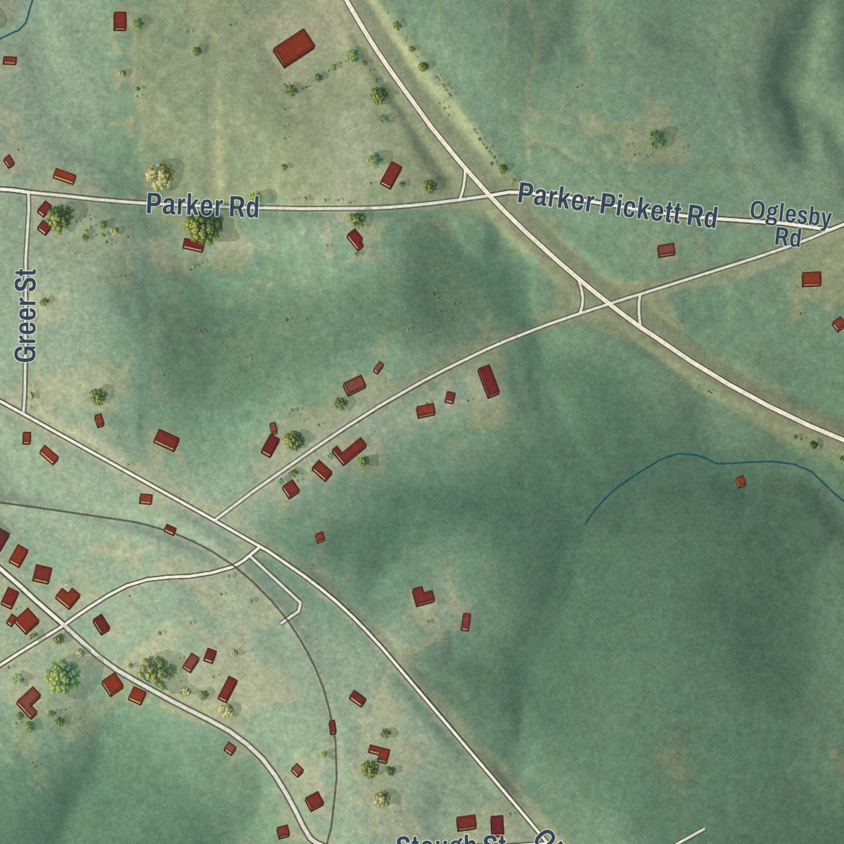 Second close-up of the map of Red Level, Alabama print showing more streets and buildings