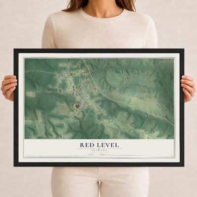 Map of Red Level, Alabama, 12 x 18 inch print in a black wood frame