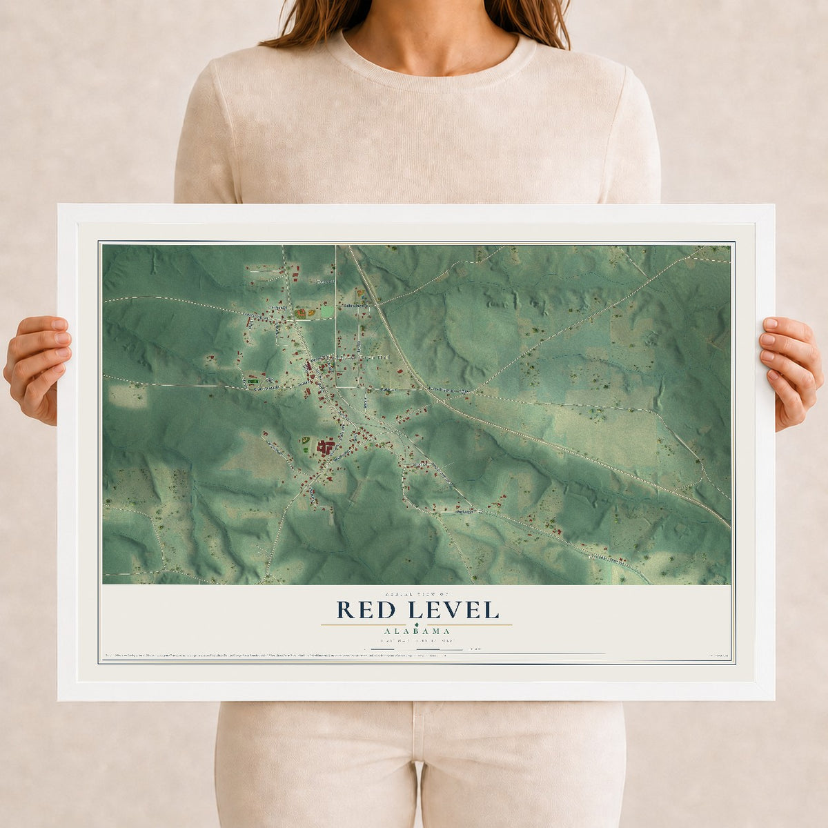 Map of Red Level, Alabama, 12 x 18 inch print in a white wood frame