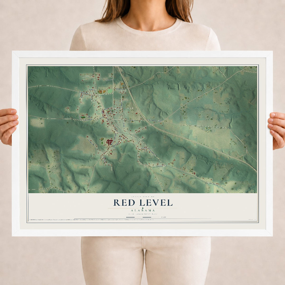 Map of Red Level, Alabama, 18 x 24 inch print in a white wood frame