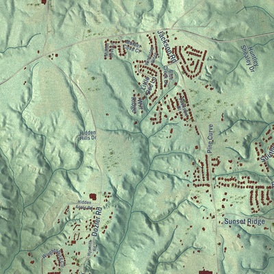 Close-up of the map of Redland, Alabama print showing street and building detail