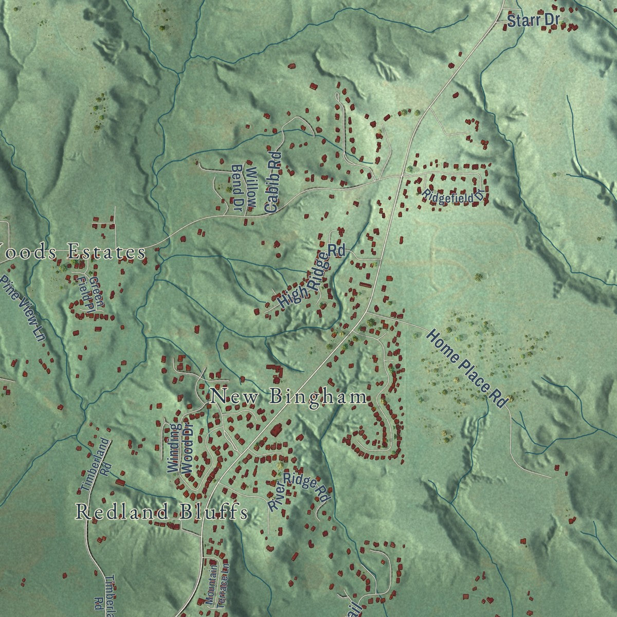Second close-up of the map of Redland, Alabama print showing more streets and buildings