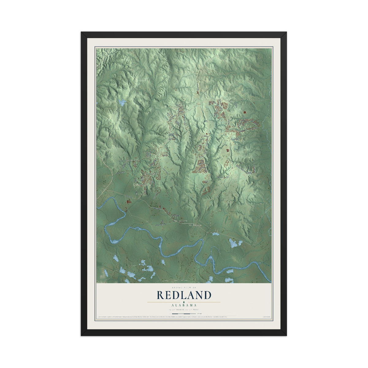Map of Redland, Alabama, 12 x 18 inch print in a black wood frame