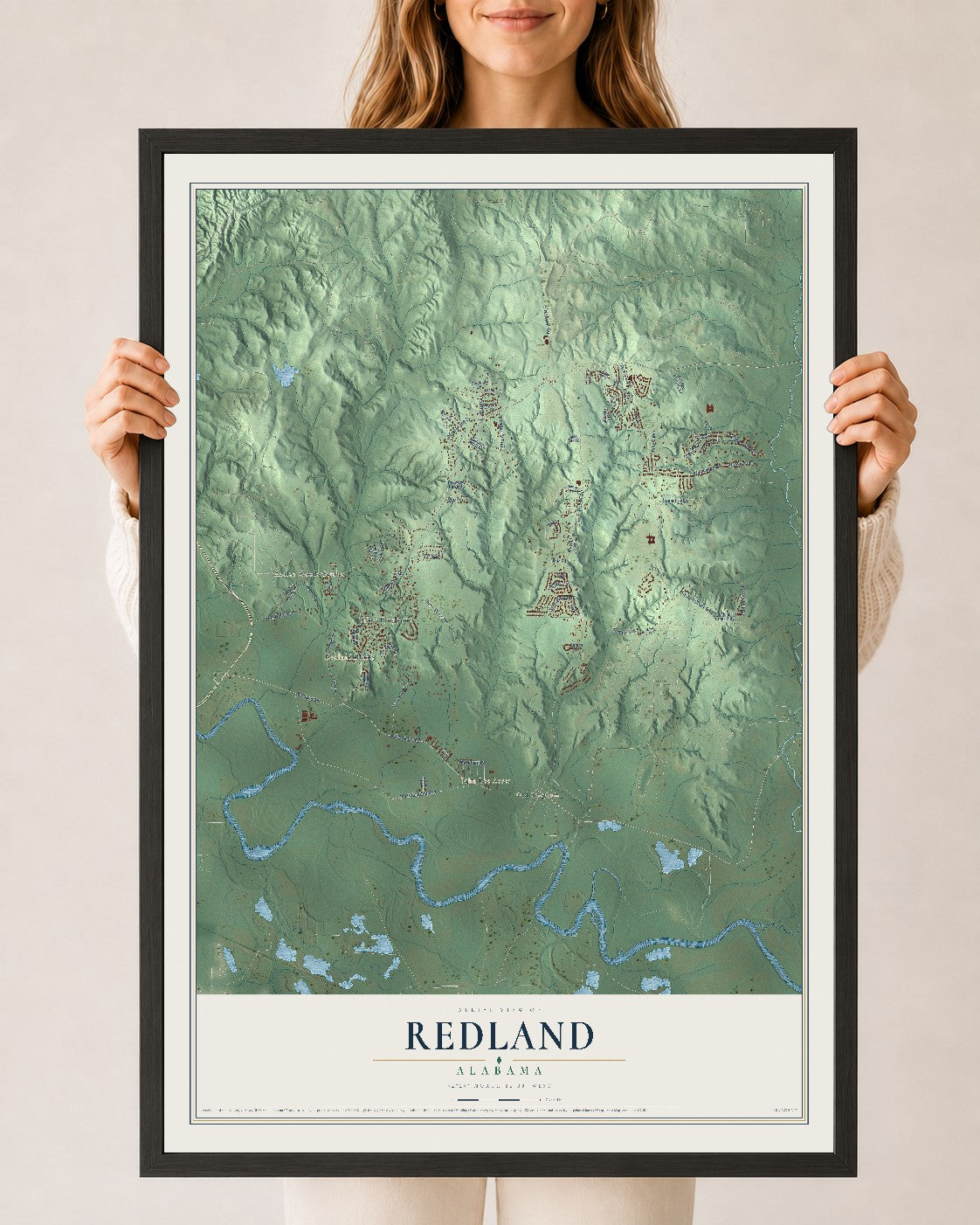 Map of Redland, Alabama, 24 x 36 inch print in a black wood frame
