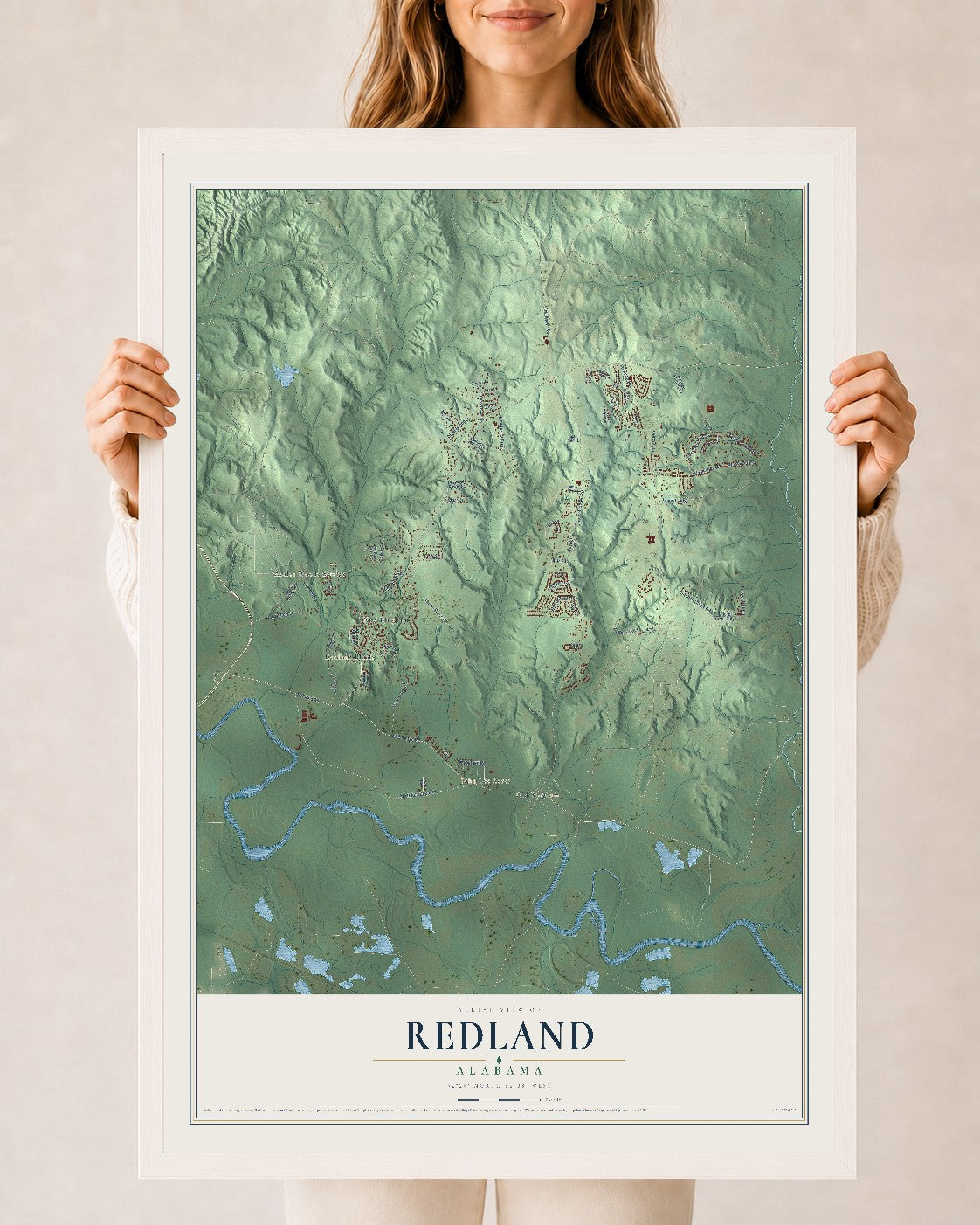 Map of Redland, Alabama, 24 x 36 inch print in a white wood frame