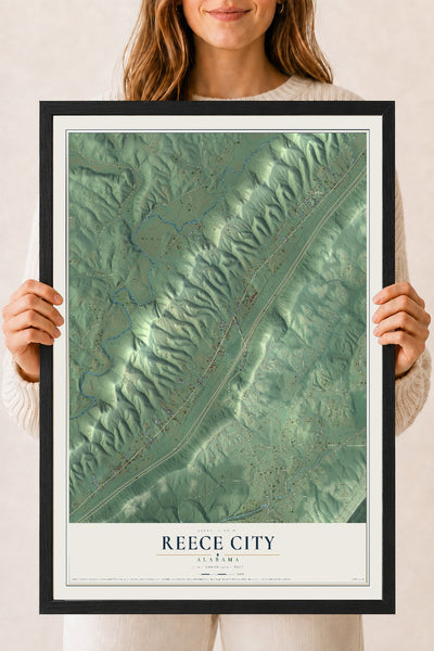 Map of Reece City, Alabama, 18 x 24 inch print in a black wood frame