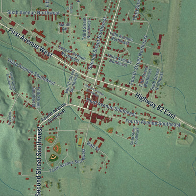 Close-up of the map of Reform, Alabama print showing street and building detail