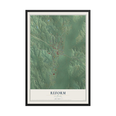 Map of Reform, Alabama, 12 x 18 inch print in a black wood frame