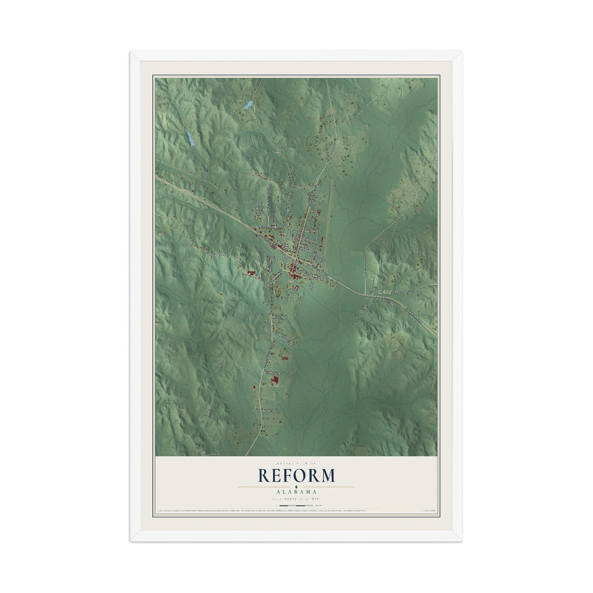 Map of Reform, Alabama, 12 x 18 inch print in a white wood frame