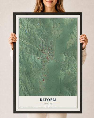 Map of Reform, Alabama, 24 x 36 inch print in a black wood frame