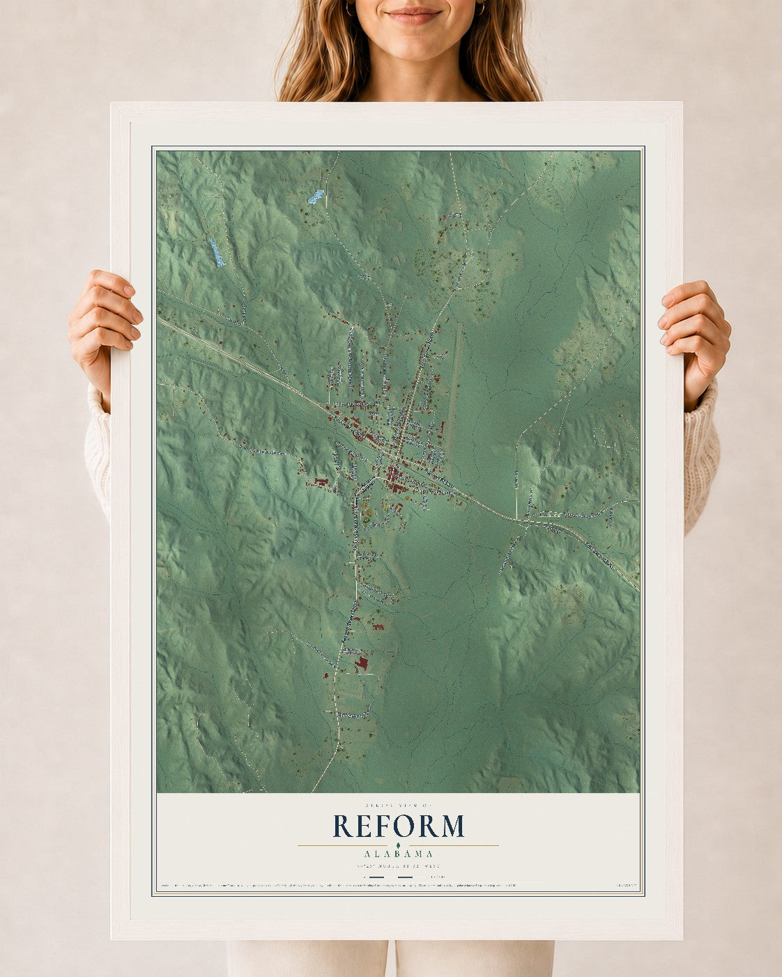 Map of Reform, Alabama, 24 x 36 inch print in a white wood frame