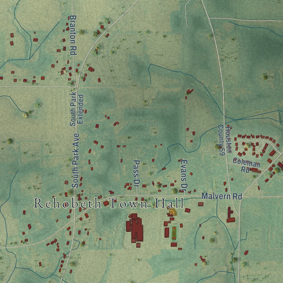 Close-up of the map of Rehobeth, Alabama print showing street and building detail