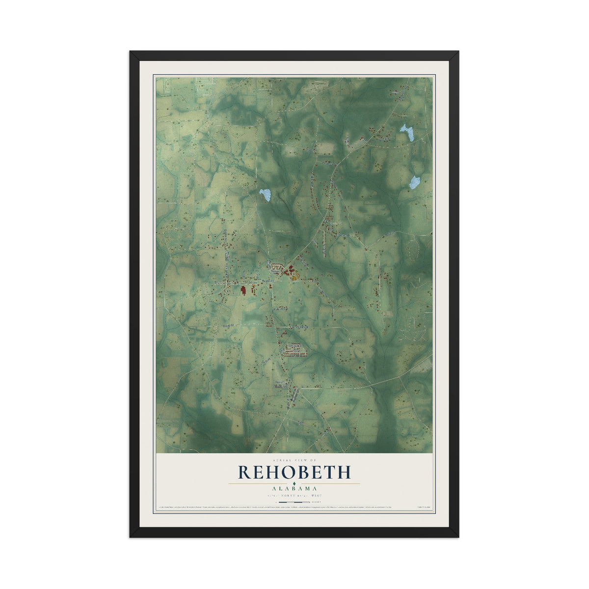 Map of Rehobeth, Alabama, 12 x 18 inch print in a black wood frame