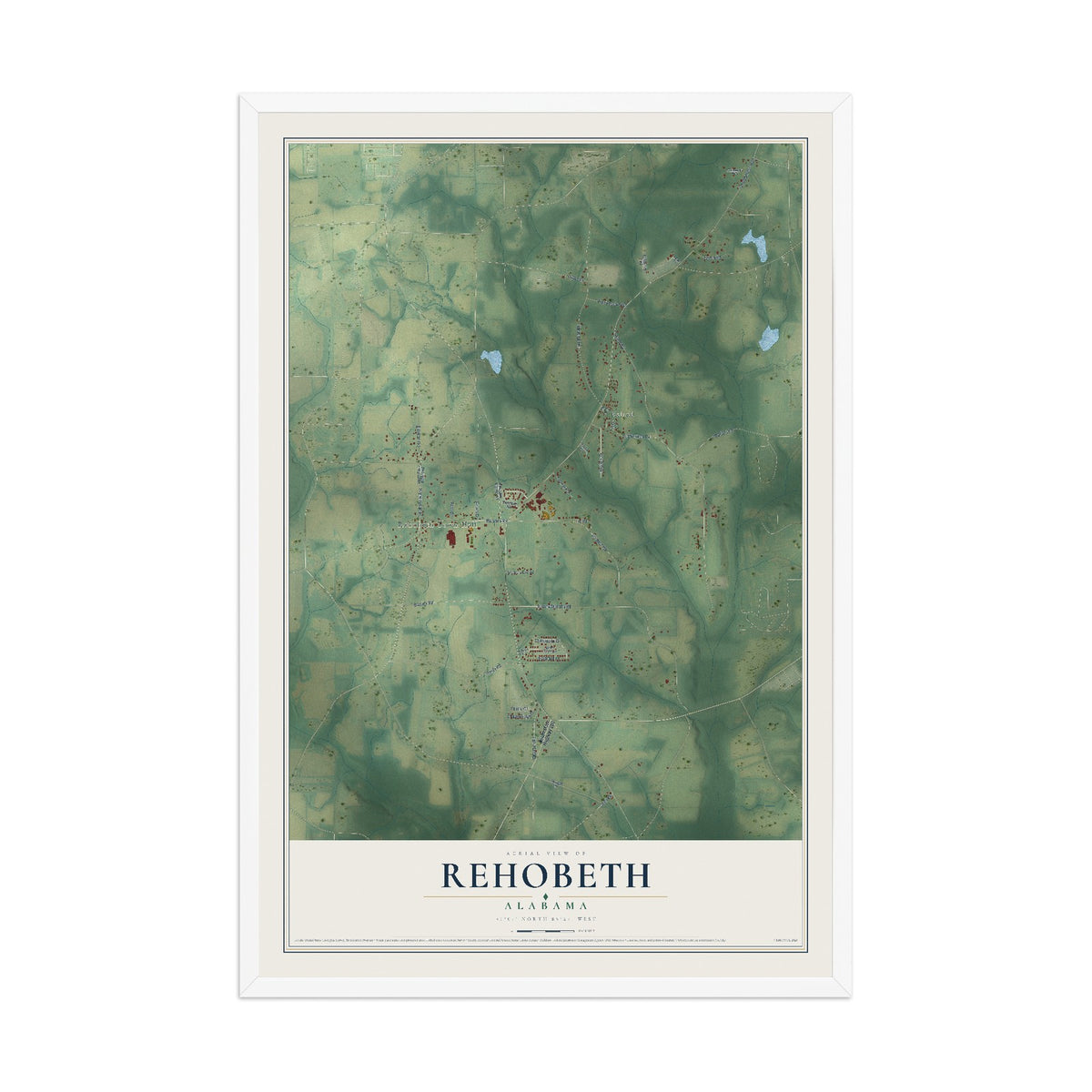 Map of Rehobeth, Alabama, 12 x 18 inch print in a white wood frame