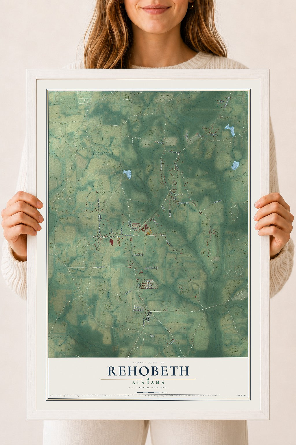 Map of Rehobeth, Alabama, 18 x 24 inch print in a white wood frame