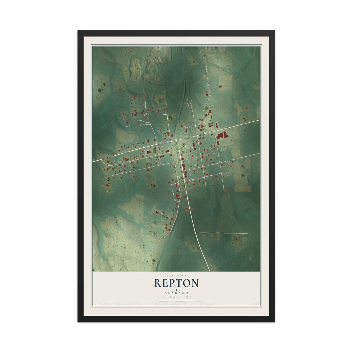 Map of Repton, Alabama, 12 x 18 inch print in a black wood frame