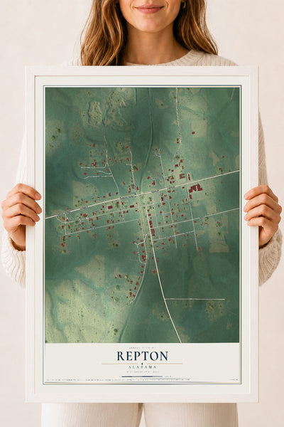 Map of Repton, Alabama, 18 x 24 inch print in a white wood frame