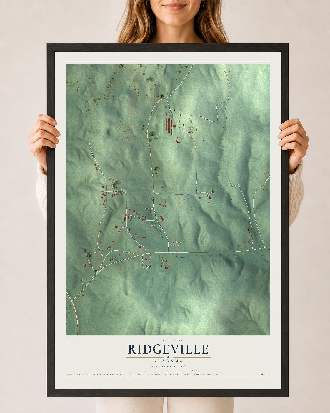 Map of Ridgeville, Alabama, 24 x 36 inch print in a black wood frame
