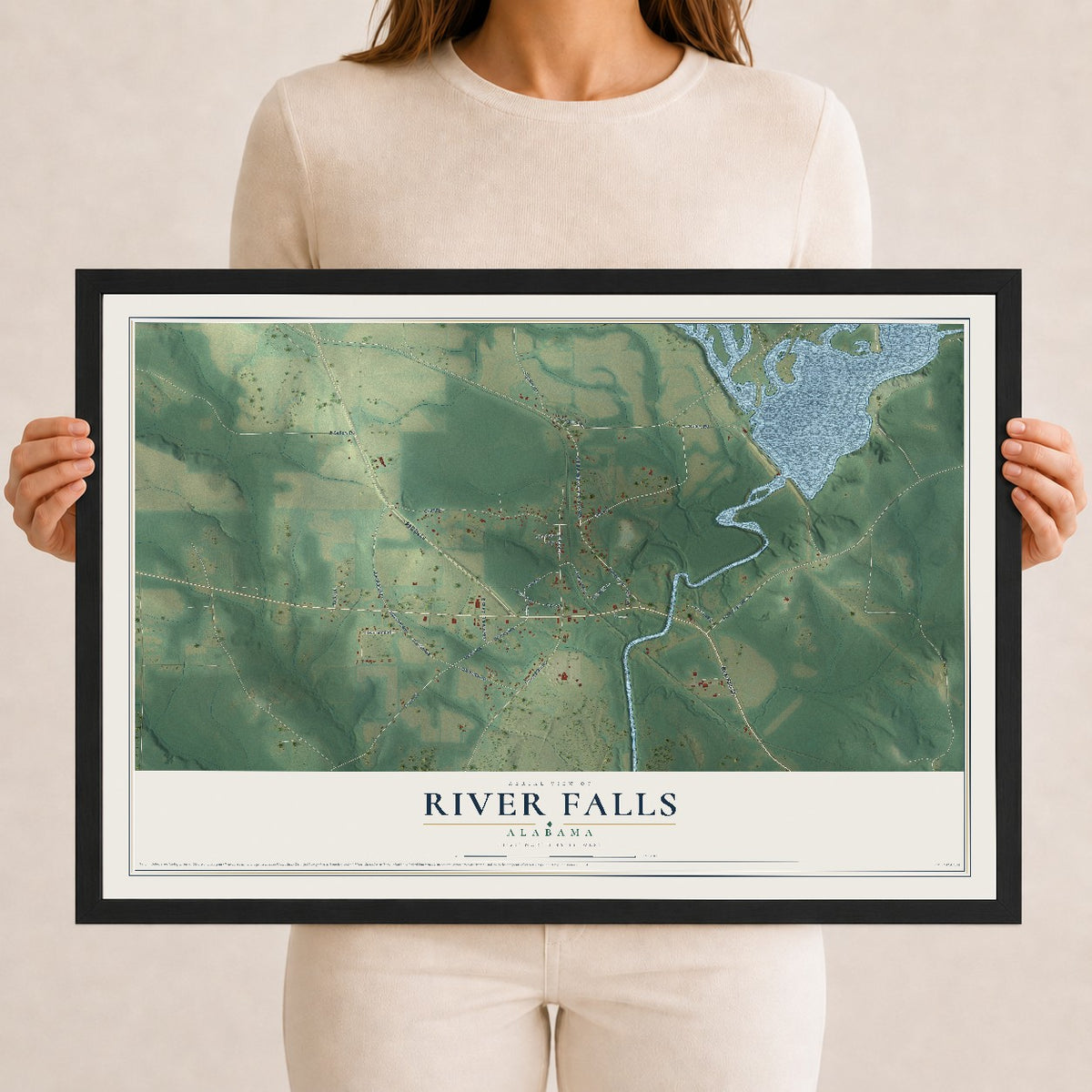 Map of River Falls, Alabama, 12 x 18 inch print in a black wood frame