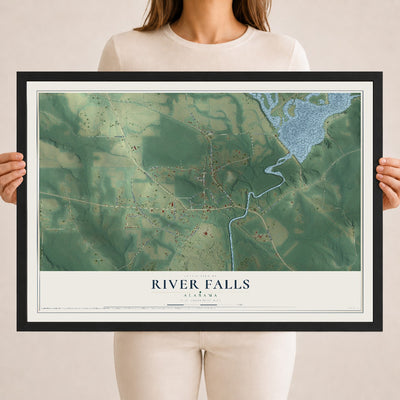 Map of River Falls, Alabama, 18 x 24 inch print in a black wood frame