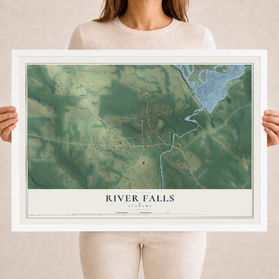 Map of River Falls, Alabama, 18 x 24 inch print in a white wood frame
