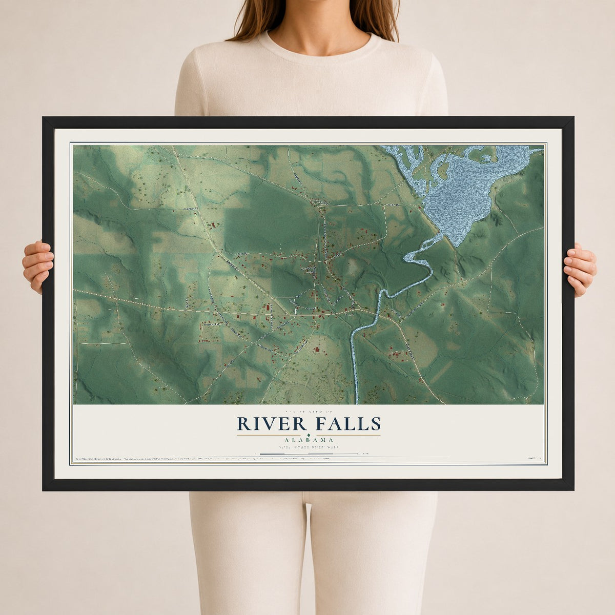 Map of River Falls, Alabama, 24 x 36 inch print in a black wood frame
