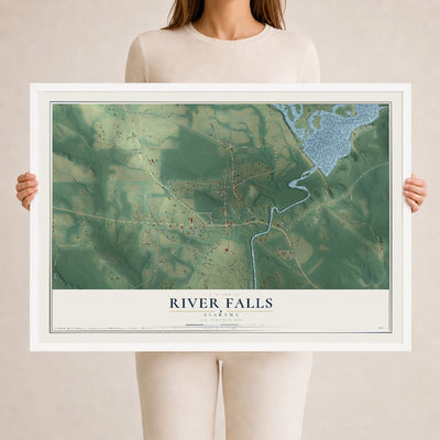 Map of River Falls, Alabama, 24 x 36 inch print in a white wood frame