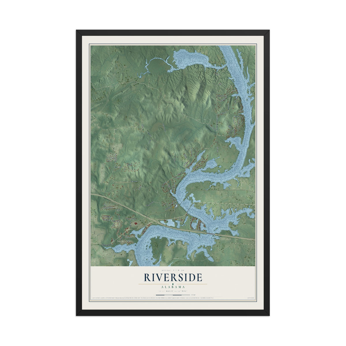 Map of Riverside, Alabama, 12 x 18 inch print in a black wood frame