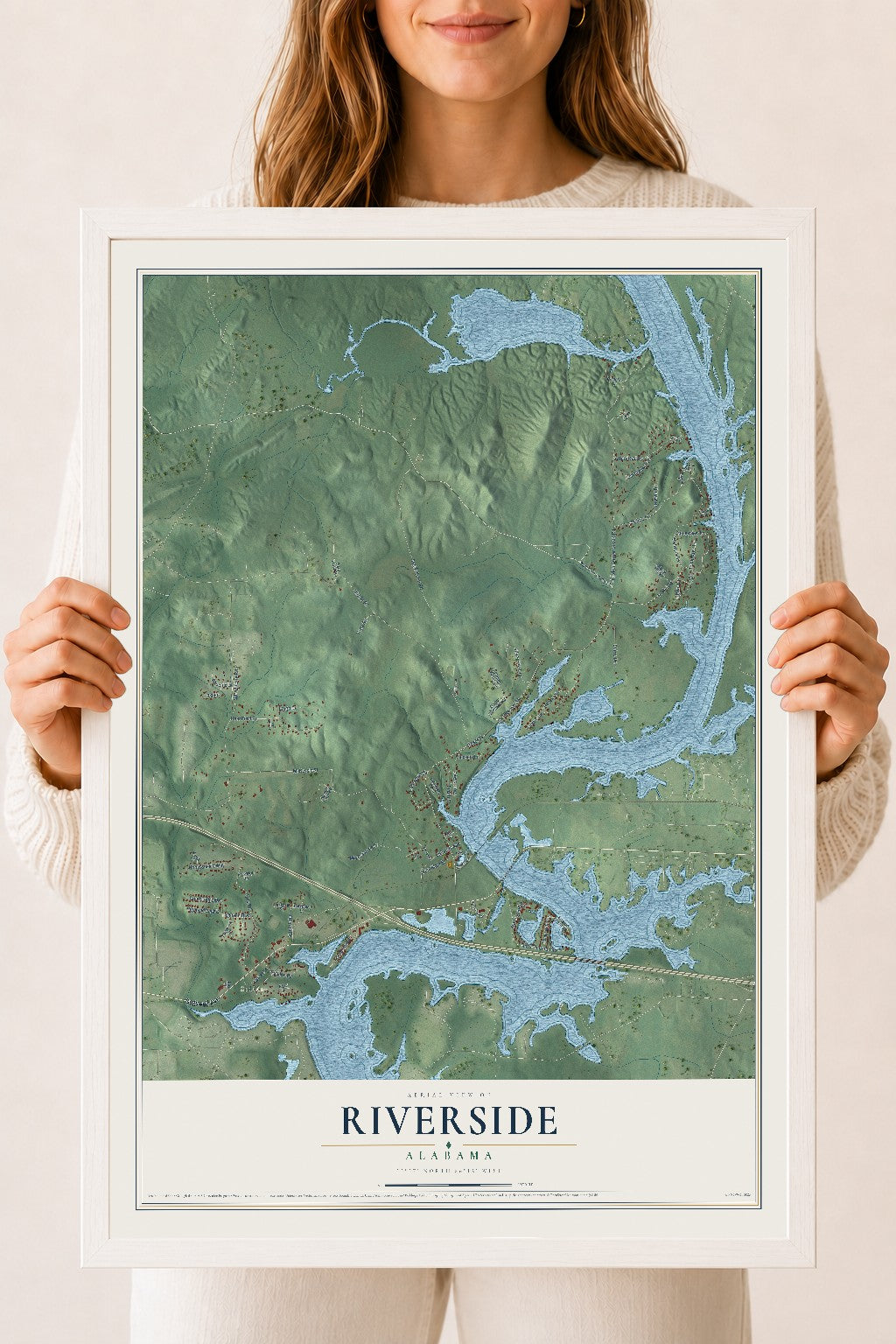 Map of Riverside, Alabama, 18 x 24 inch print in a white wood frame