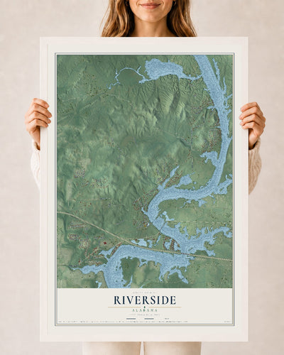 Map of Riverside, Alabama, 24 x 36 inch print in a white wood frame