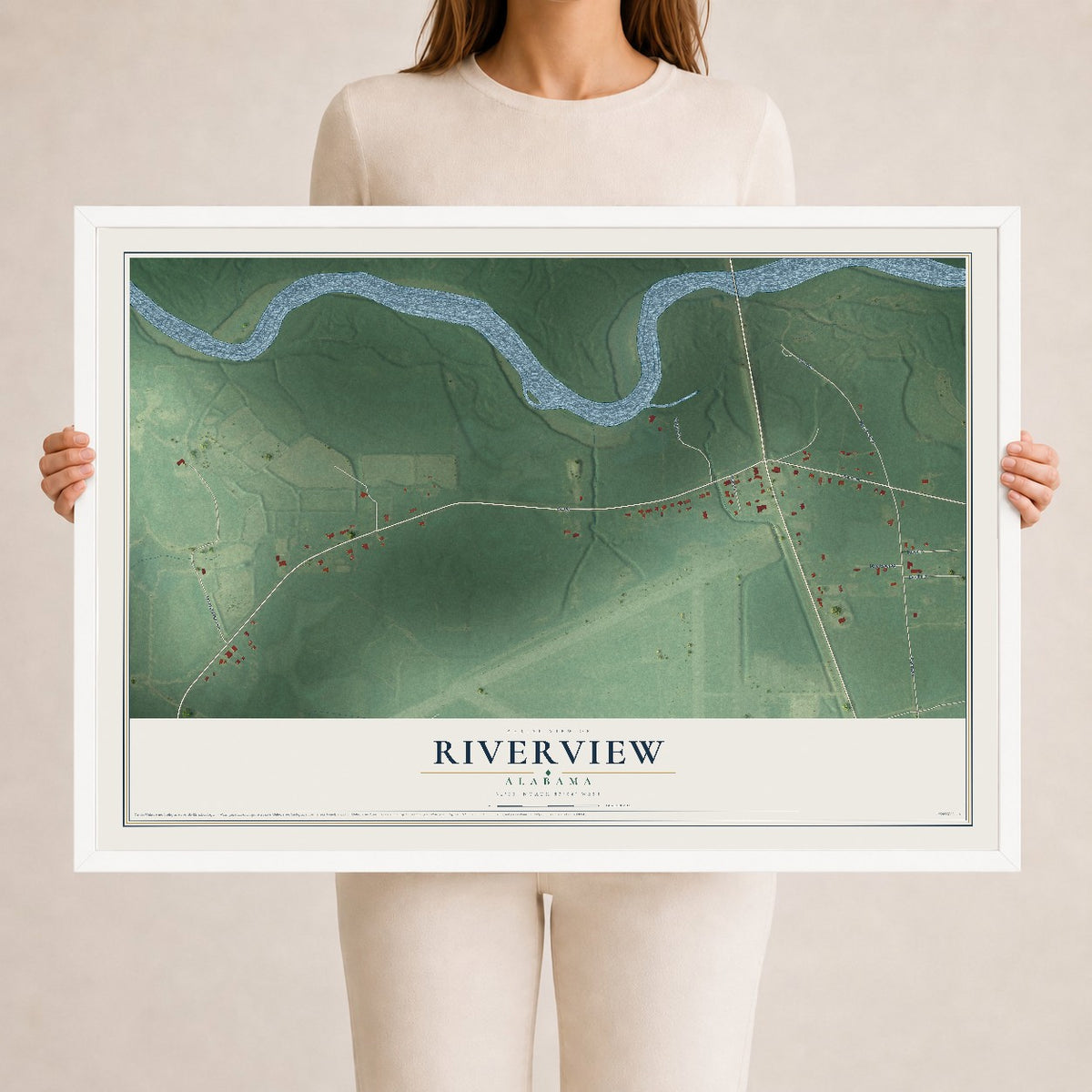 Map of Riverview, Alabama, 24 x 36 inch print in a white wood frame