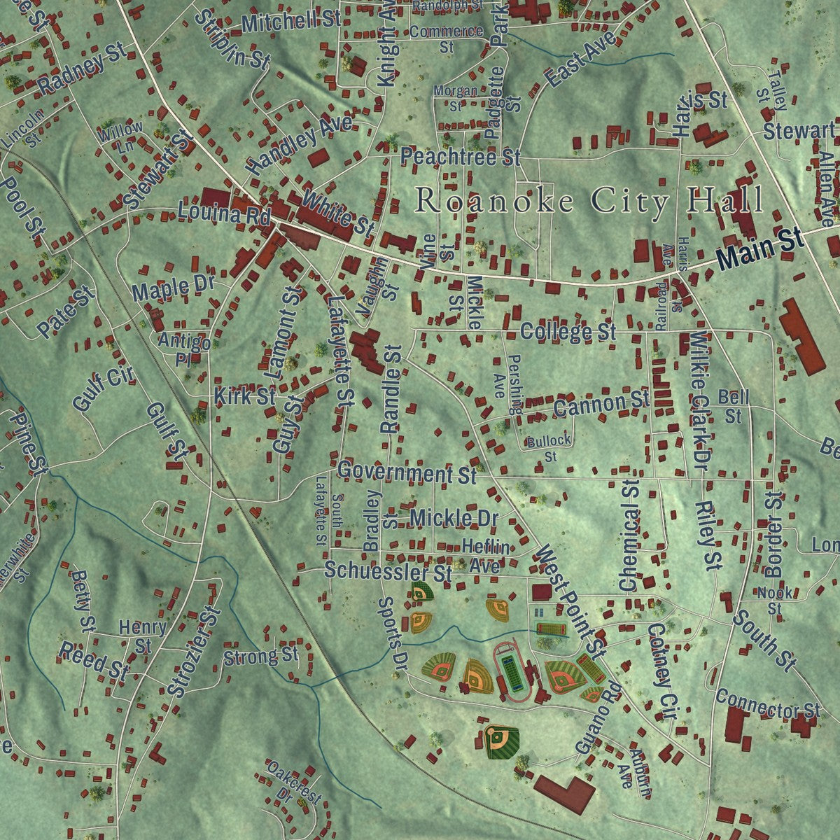 Close-up of the map of Roanoke, Alabama print showing street and building detail