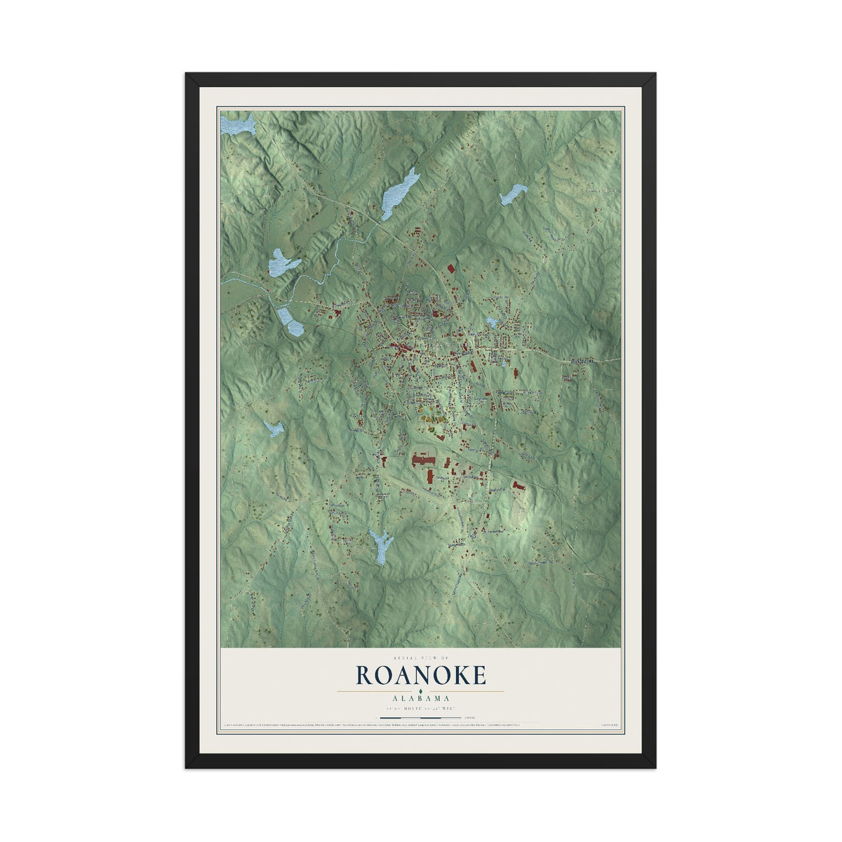 Map of Roanoke, Alabama, 12 x 18 inch print in a black wood frame
