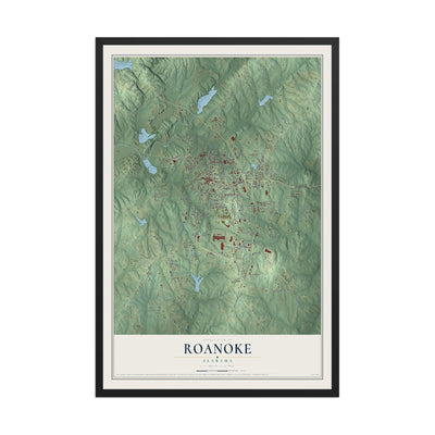 Map of Roanoke, Alabama, 12 x 18 inch print in a black wood frame