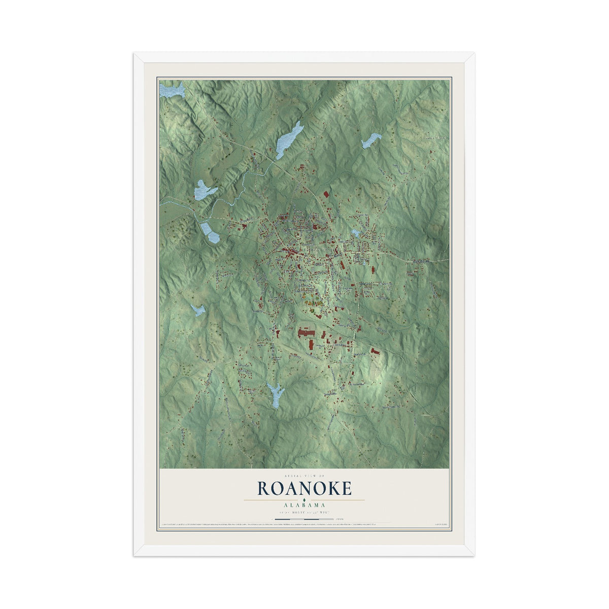 Map of Roanoke, Alabama, 12 x 18 inch print in a white wood frame