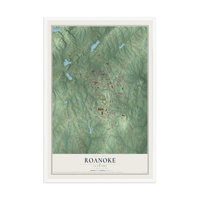 Map of Roanoke, Alabama, 12 x 18 inch print in a white wood frame