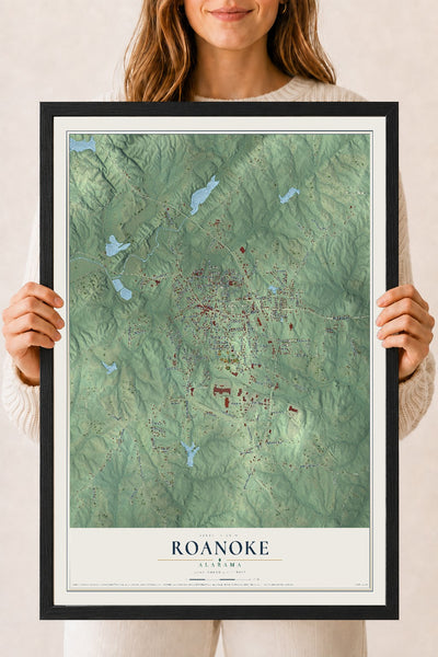 Map of Roanoke, Alabama, 18 x 24 inch print in a black wood frame