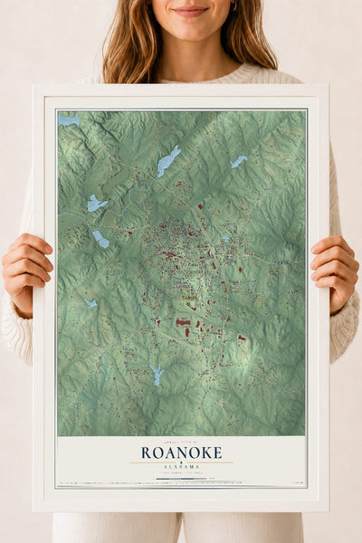 Map of Roanoke, Alabama, 18 x 24 inch print in a white wood frame