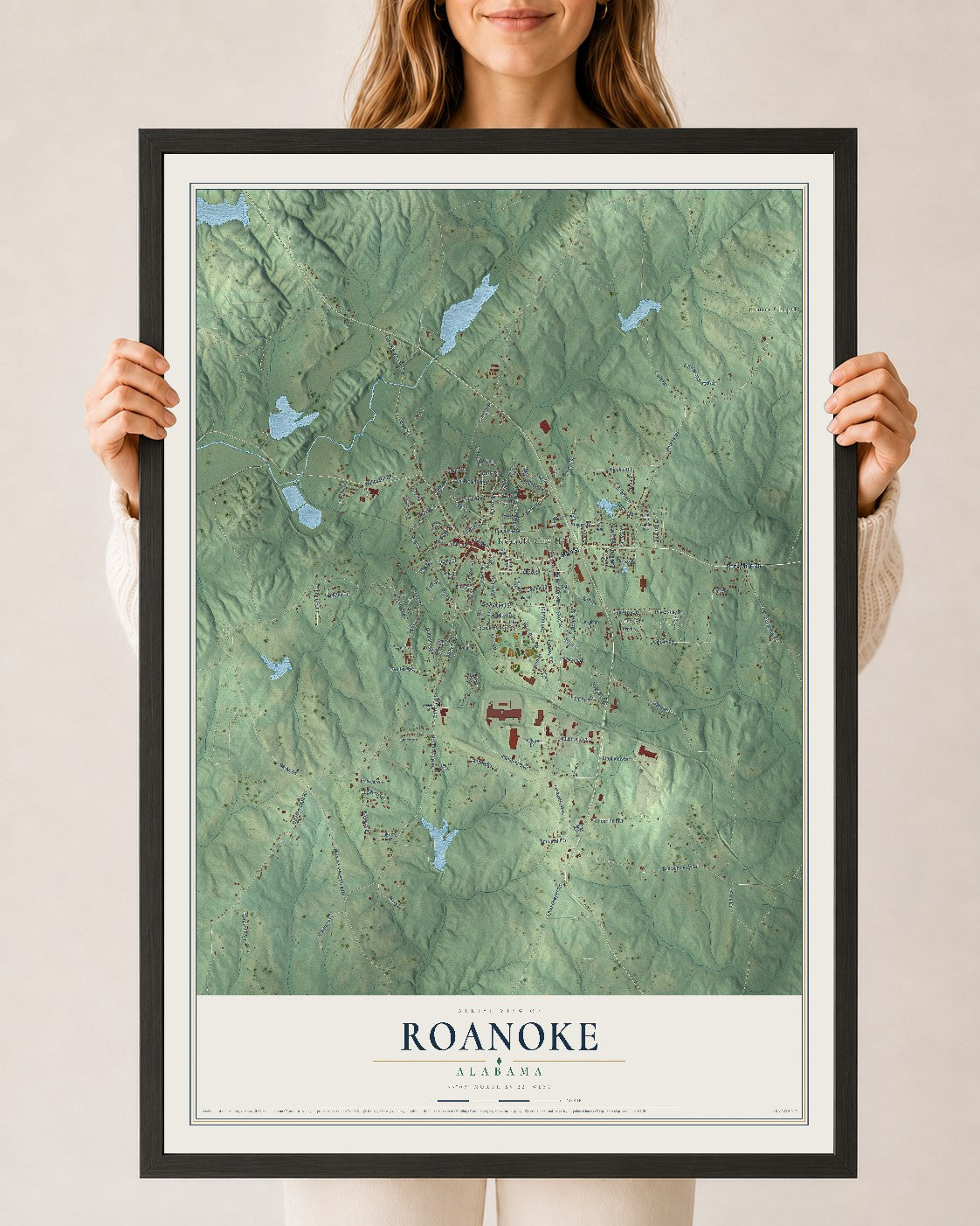 Map of Roanoke, Alabama, 24 x 36 inch print in a black wood frame