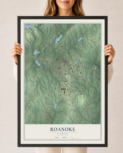 Map of Roanoke, Alabama, 24 x 36 inch print in a black wood frame